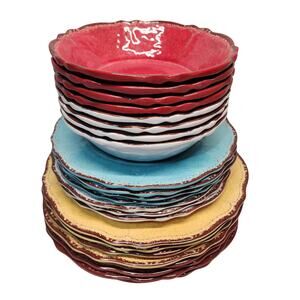 Set of 23 - LE CADEAUX Antiqua Rustica Melamine Plates Red white blue Bowl